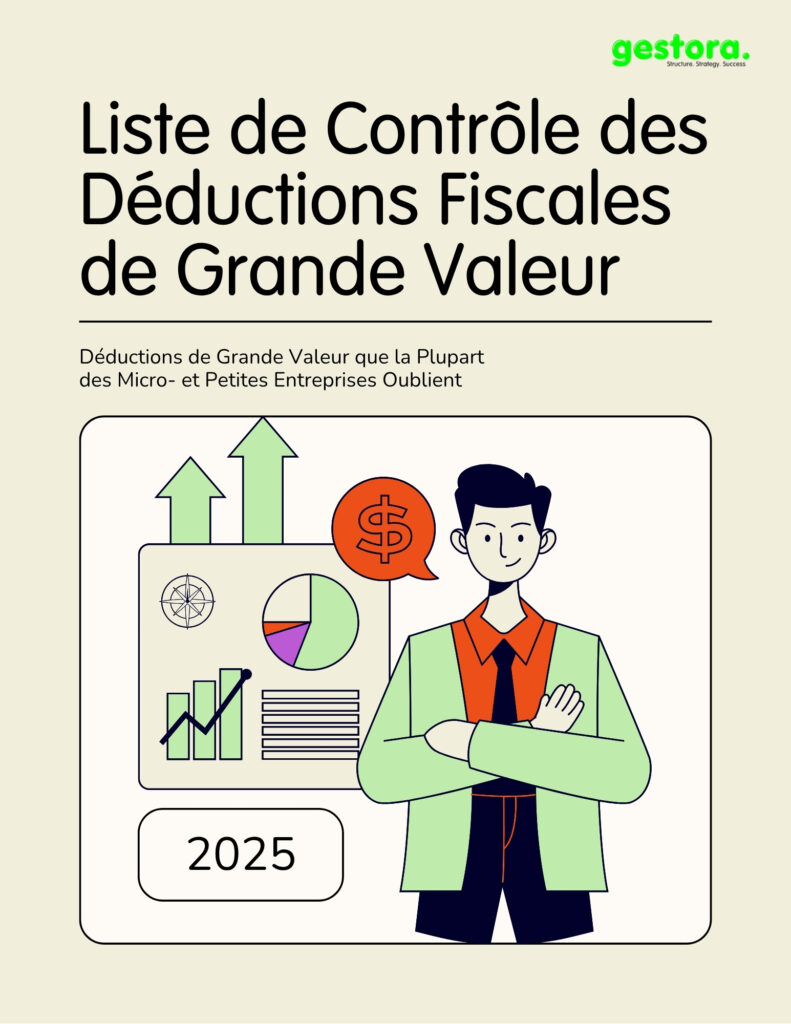 Illustration d'un entrepreneur souriant devant un graphique de croissance. Texte : Liste de Contrôle des Déductions Fiscales de Grande Valeur 2025. Optimisé pour l'épargne d'impôt des Micro- et Petites Entreprises.